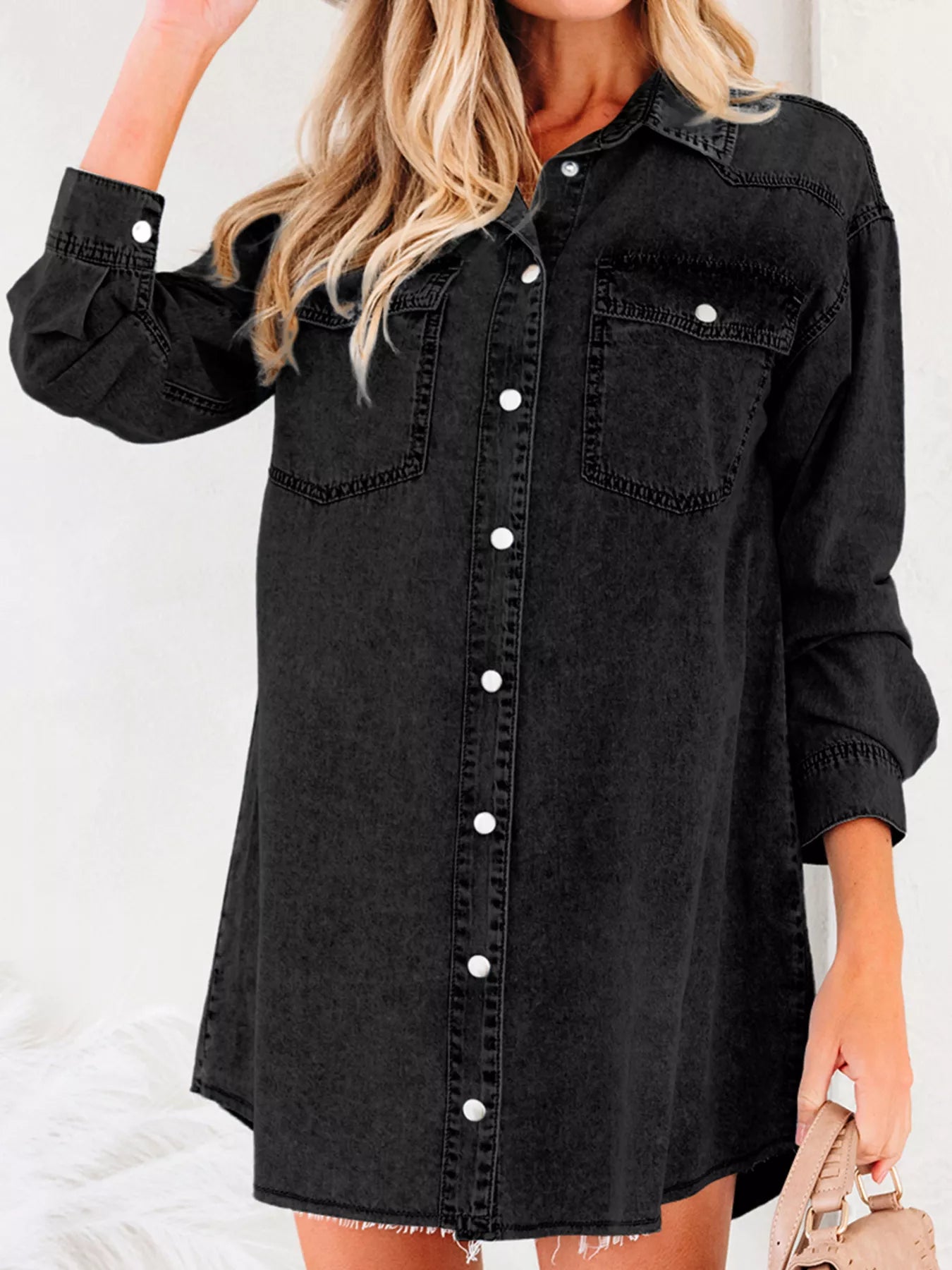 Chest Pocket Raw Hem Denim Loose Shirt Dress – Giftsfromhope