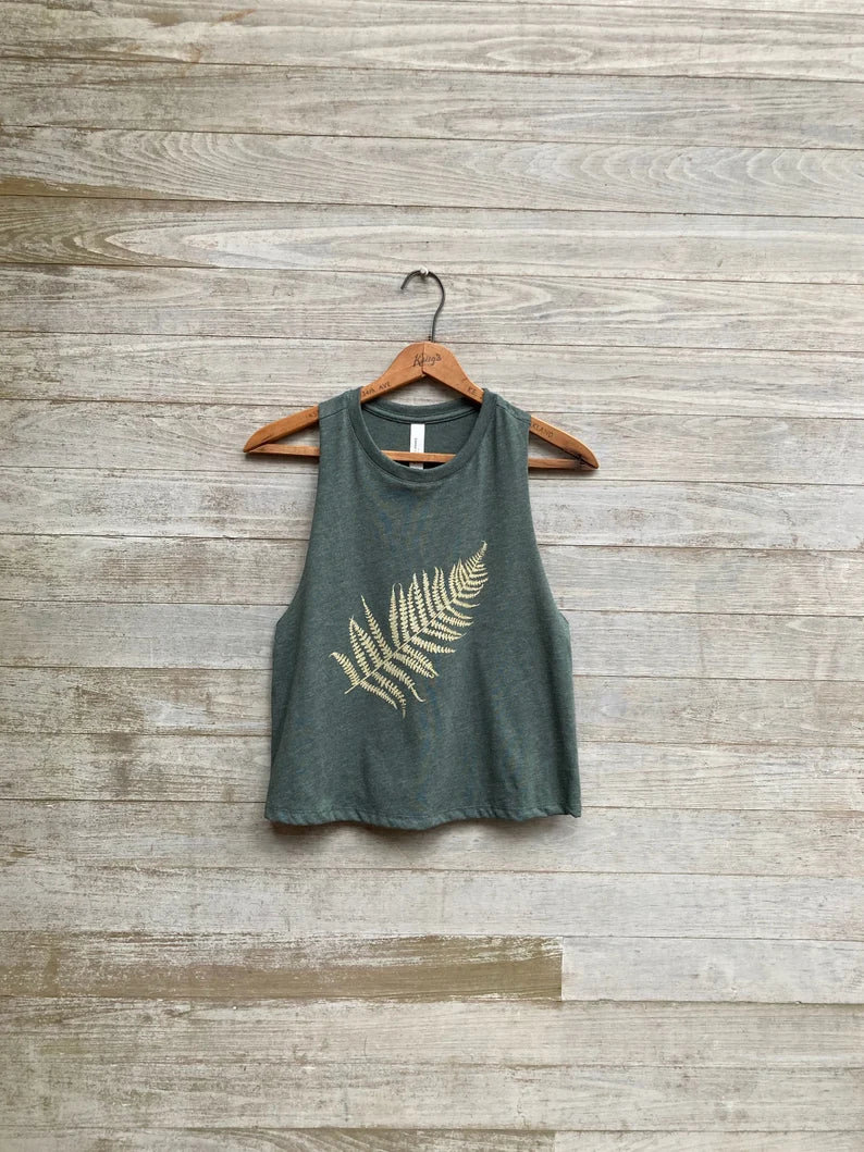 Hand Printed Fern Tank Top: Cropped Festival Workout Top