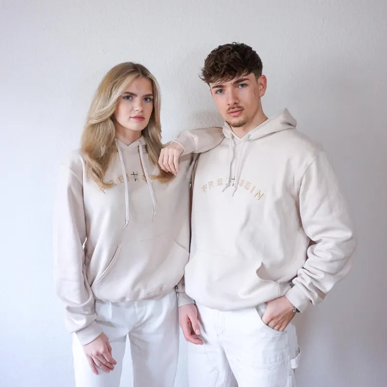 Unisex Oversized Hoodie Beige Embroidered Fleece Sweatshirt