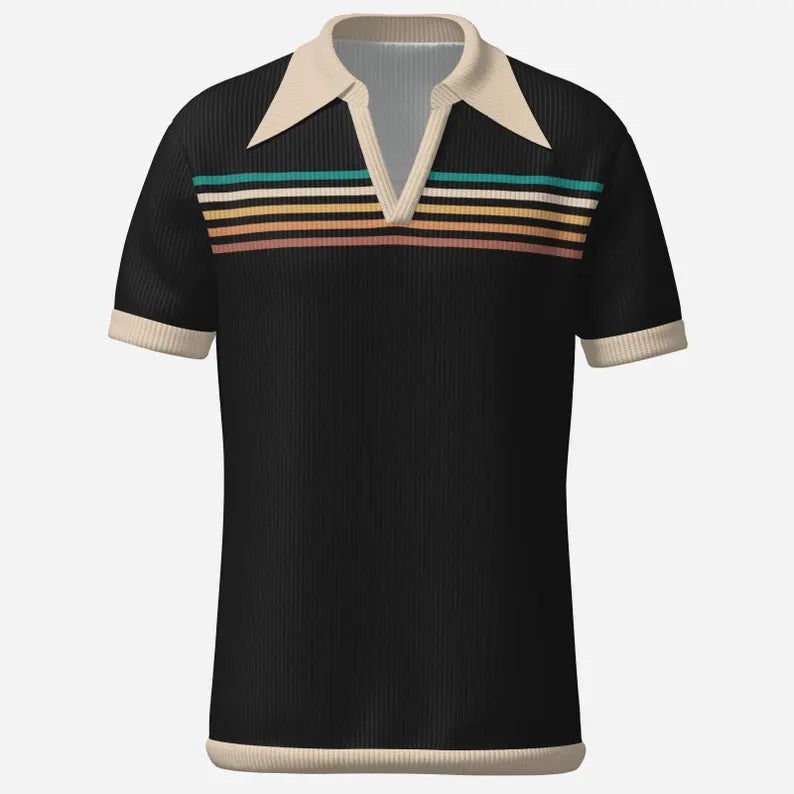 Black Stripe Retro Polo Shirt - Vintage Wing Collar Short Sleeve Top