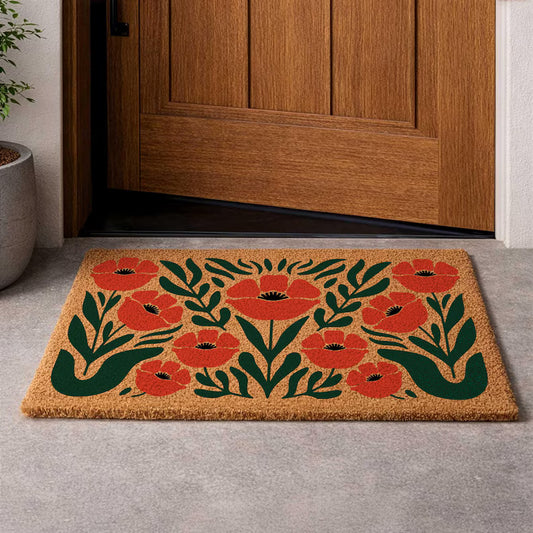 Retro Poppy Coir Doormat - Boho Floral Welcome Mat