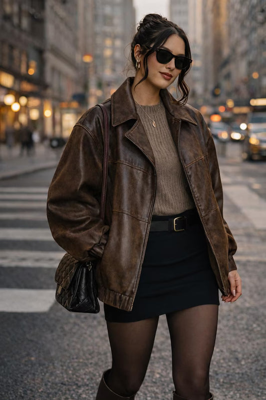 Vintage Oversized Brown Leather Bomber Jacket - Women’s Distressed Genuine Leather Coat