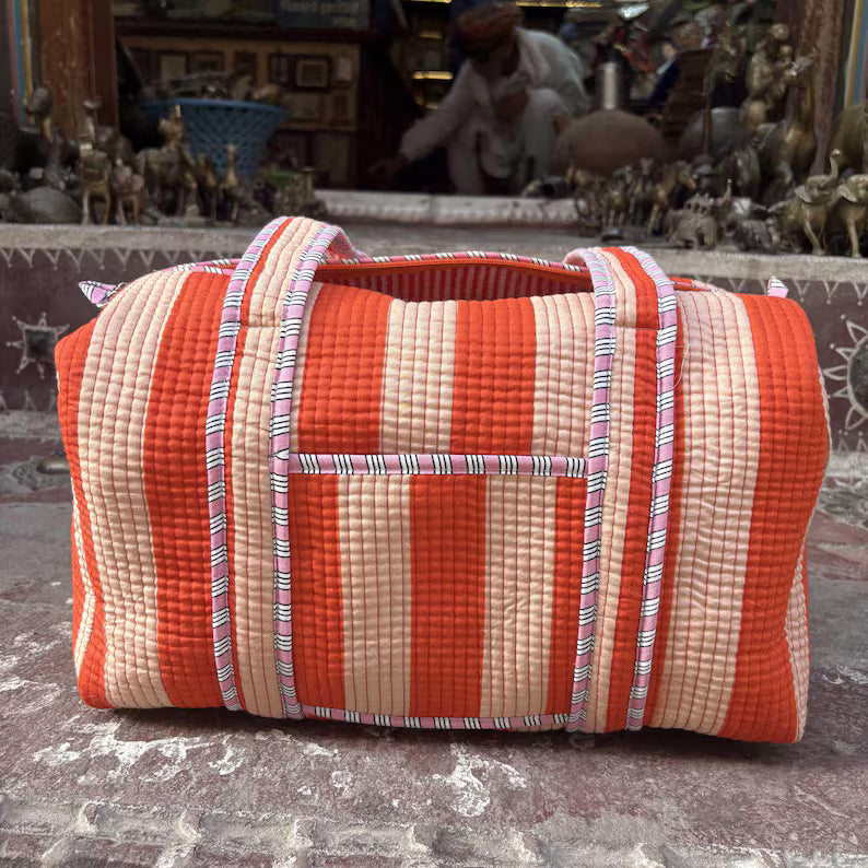 Rangsutra Quilted Weekender Bag - Orange Stripe Overnight Duffle