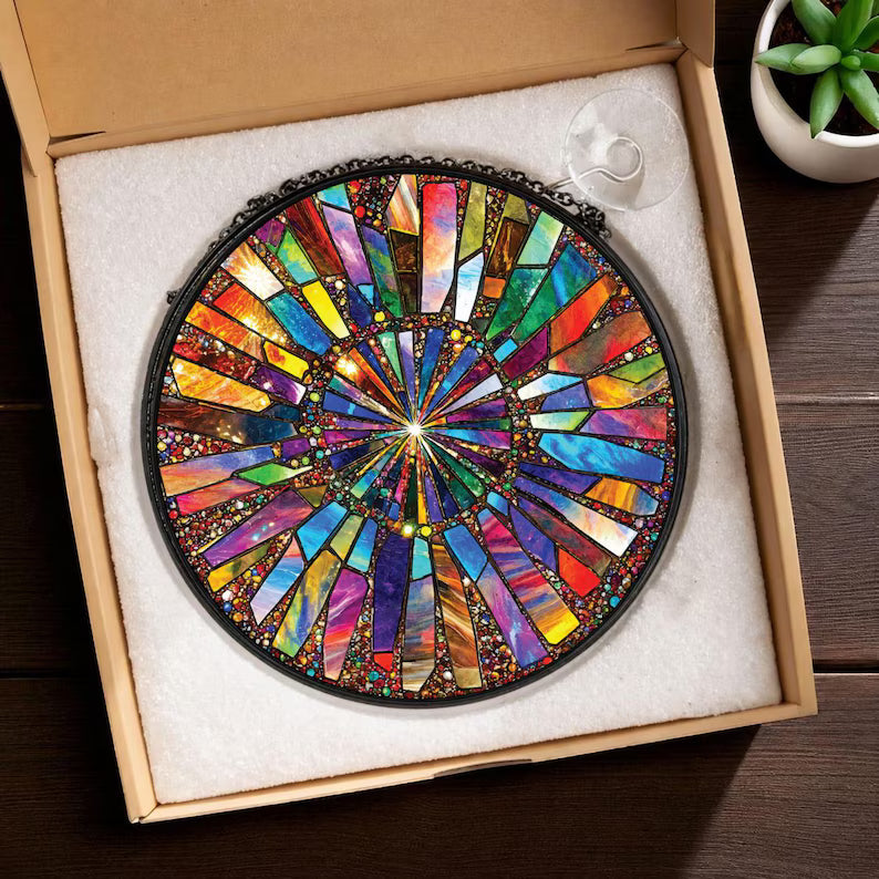 Rainbow Burst Stained Glass Suncatcher - Colorful Window Hanging Ornament