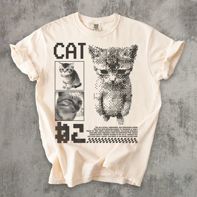 Funny Pixel Cat Graphic T-Shirt - Retro Gaming Cat Tee, Cute Gamer Cat Shirt