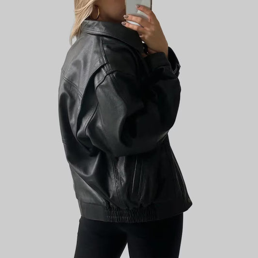 Oversized Retro Real Black Leather Jacket - Vintage Bomber Boxy Fit Coat
