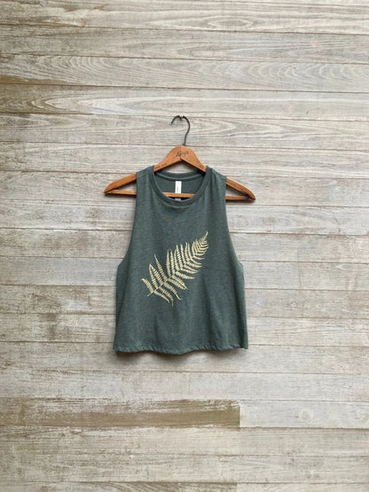 Hand Printed Fern Tank Top: Cropped Festival Workout Top