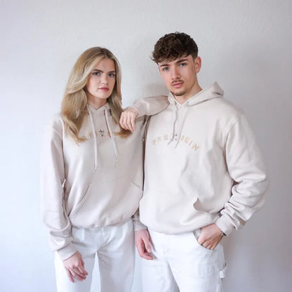 Unisex Oversized Hoodie Beige Embroidered Fleece Sweatshirt