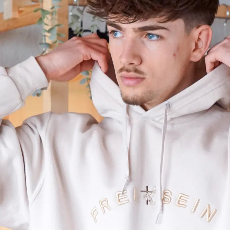 Unisex Oversized Hoodie Beige Embroidered Fleece Sweatshirt