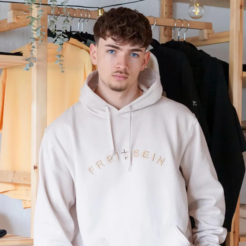 Unisex Oversized Hoodie Beige Embroidered Fleece Sweatshirt