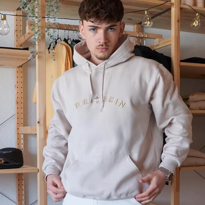Unisex Oversized Hoodie Beige Embroidered Fleece Sweatshirt