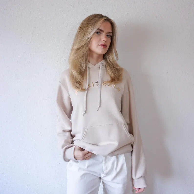 Unisex Oversized Hoodie Beige Embroidered Fleece Sweatshirt