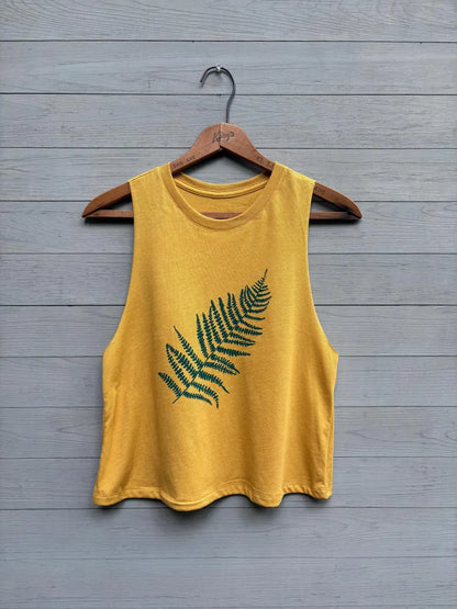 Hand Printed Fern Tank Top: Cropped Festival Workout Top