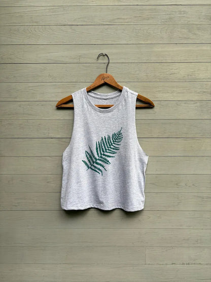 Hand Printed Fern Tank Top: Cropped Festival Workout Top