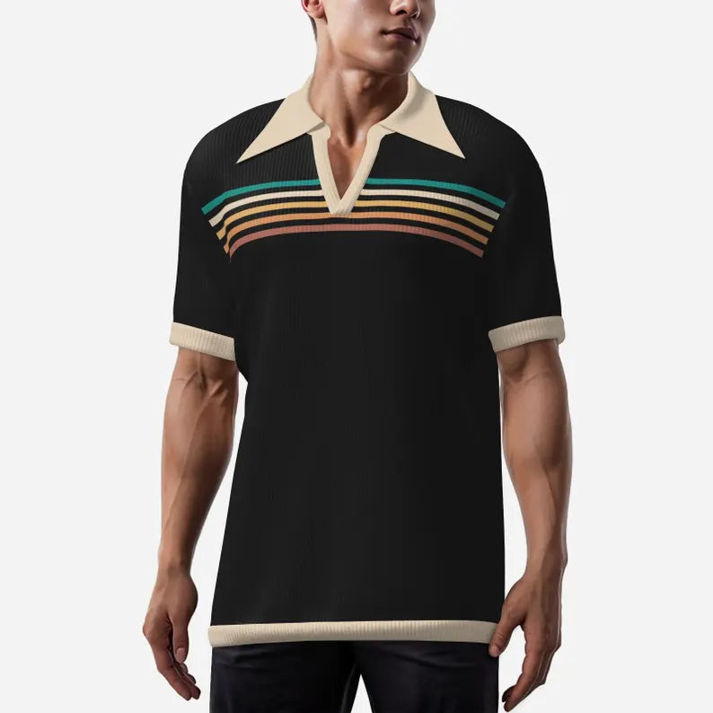 Black Stripe Retro Polo Shirt - Vintage Wing Collar Short Sleeve Top