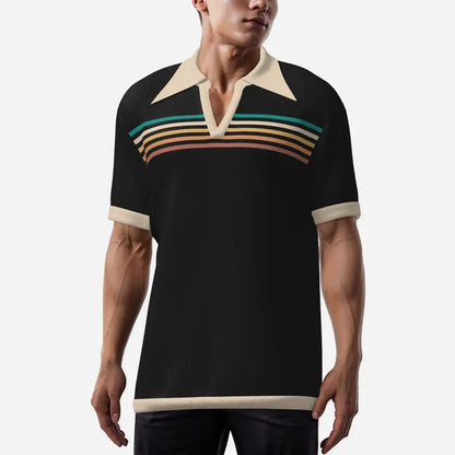 Black Stripe Retro Polo Shirt - Vintage Wing Collar Short Sleeve Top