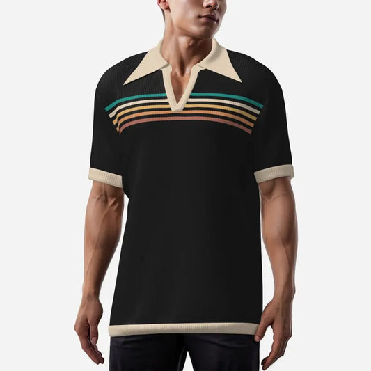Black Stripe Retro Polo Shirt - Vintage Wing Collar Short Sleeve Top
