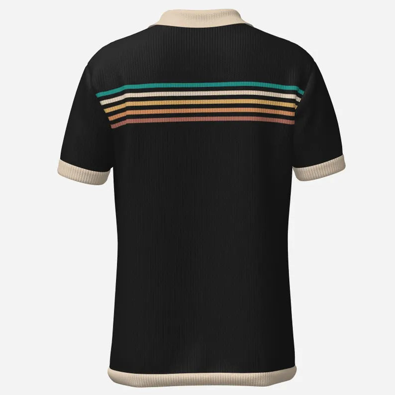 Black Stripe Retro Polo Shirt - Vintage Wing Collar Short Sleeve Top