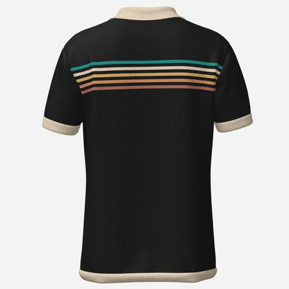 Black Stripe Retro Polo Shirt - Vintage Wing Collar Short Sleeve Top