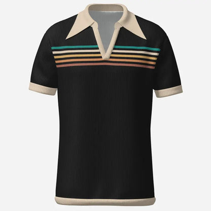 Black Stripe Retro Polo Shirt - Vintage Wing Collar Short Sleeve Top