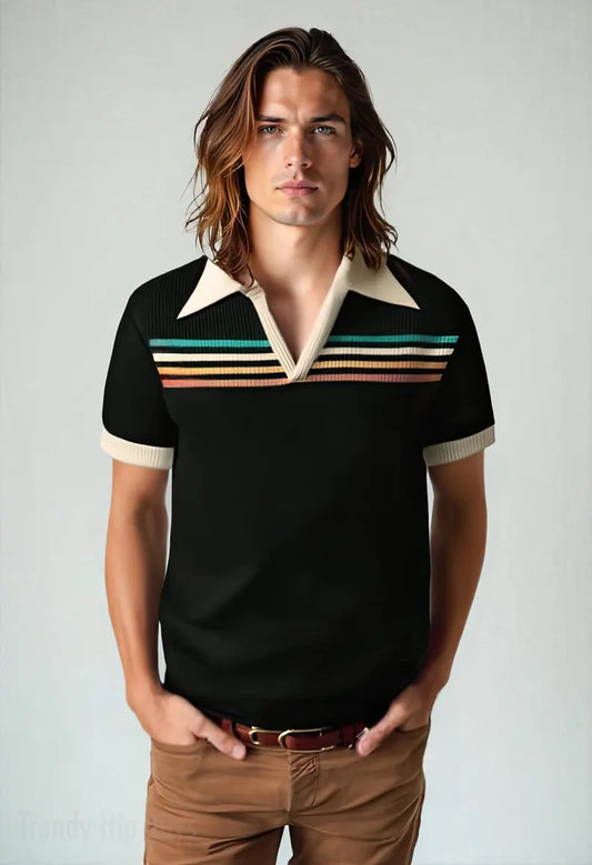 Black Stripe Retro Polo Shirt - Vintage Wing Collar Short Sleeve Top
