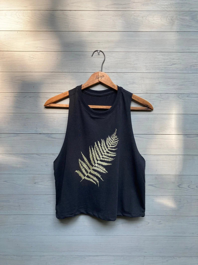 Hand Printed Fern Tank Top: Cropped Festival Workout Top