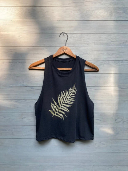 Hand Printed Fern Tank Top: Cropped Festival Workout Top