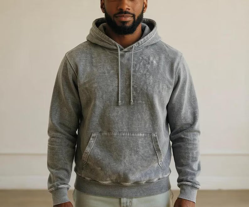Mineral Wash Raglan Hoodie - Vintage Cloud Grey Acid Wash Sweatshirt & Oversized Streetwear Cotton Pullover