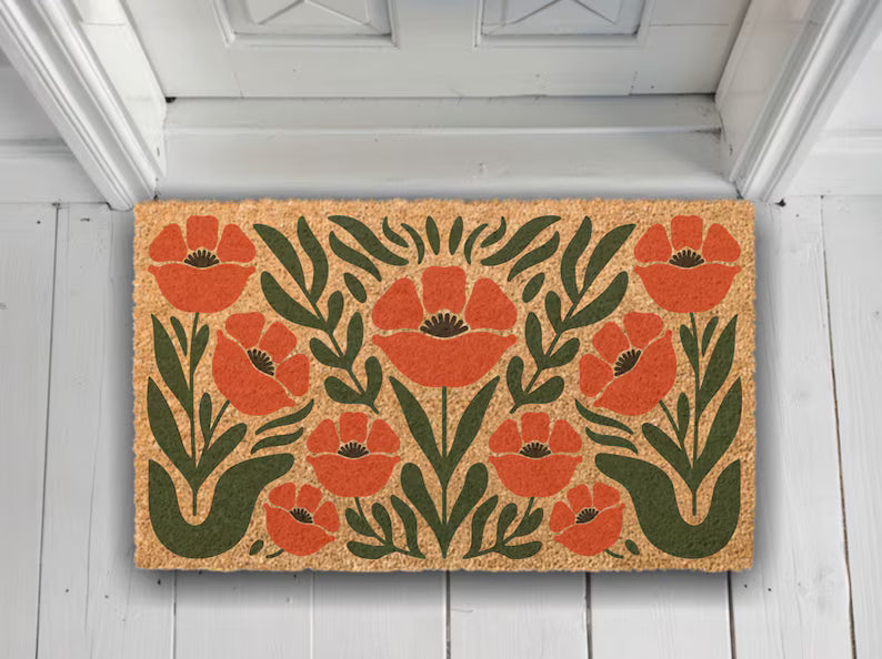 Retro Poppy Coir Doormat - Boho Floral Welcome Mat
