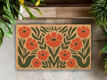 Retro Poppy Coir Doormat - Boho Floral Welcome Mat