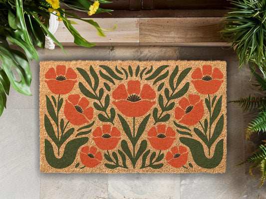 Retro Poppy Coir Doormat - Boho Floral Welcome Mat