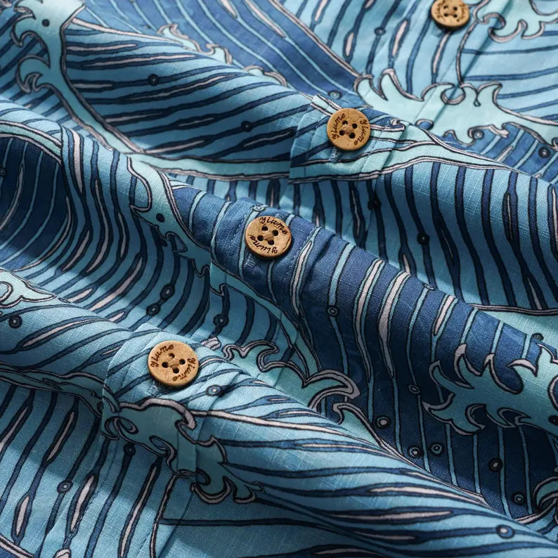 Men’s 100% Cotton Short Sleeve Hawaiian Shirt - Blue Ukiyo-e Ocean Waves Retro Aloha Resort Top
