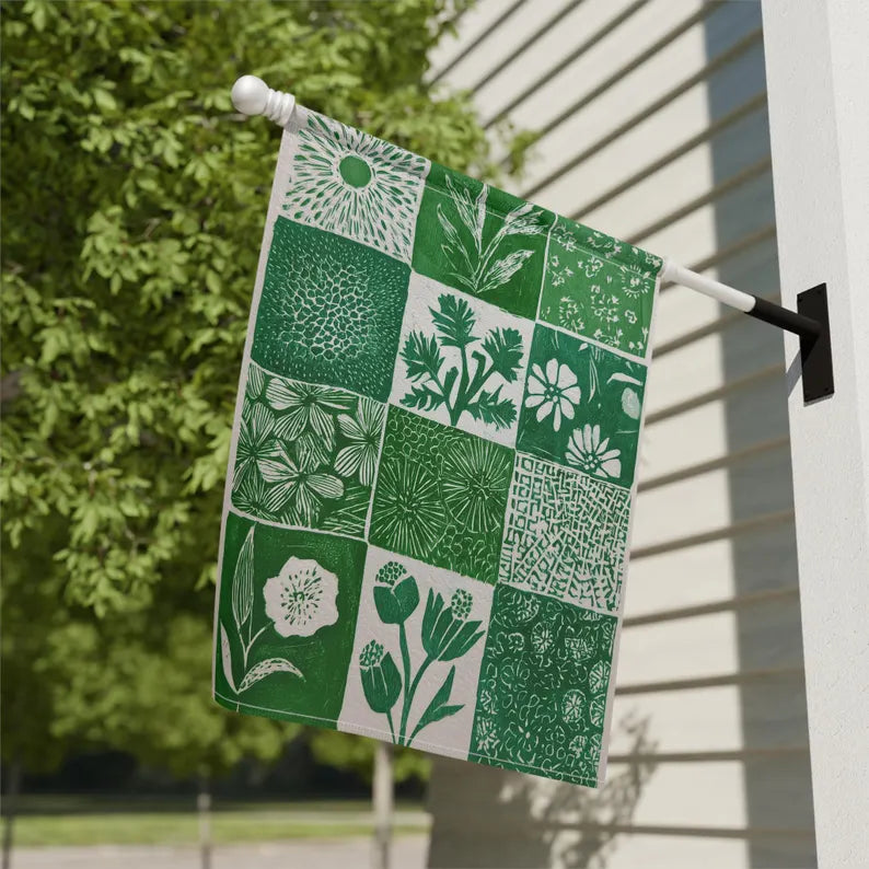 Thistles and Wildflowers Garden Flag - Green Spring Block Print Porch Banner