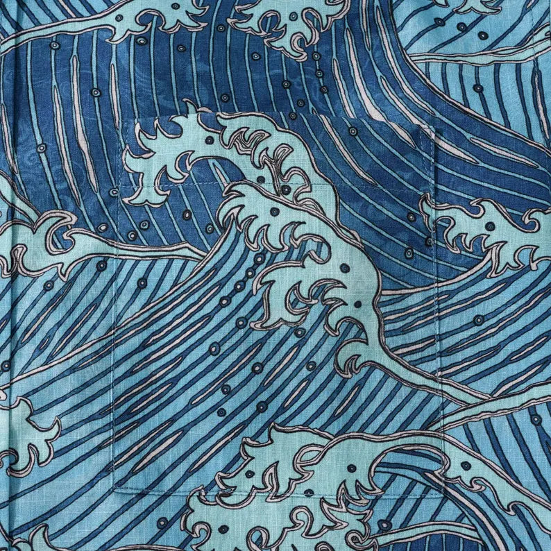Men’s 100% Cotton Short Sleeve Hawaiian Shirt - Blue Ukiyo-e Ocean Waves Retro Aloha Resort Top