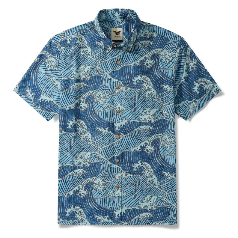 Men’s 100% Cotton Short Sleeve Hawaiian Shirt - Blue Ukiyo-e Ocean Waves Retro Aloha Resort Top