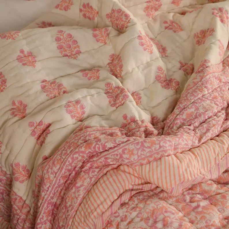 ShopGulaal Jaipuri Block Print Quilt - Reversible Floral Soft Summer Comforter & All-Season Bedspread