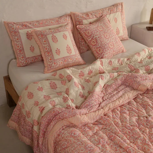 ShopGulaal Jaipuri Block Print Quilt - Reversible Floral Soft Summer Comforter & All-Season Bedspread
