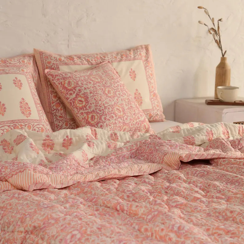 ShopGulaal Jaipuri Block Print Quilt - Reversible Floral Soft Summer Comforter & All-Season Bedspread