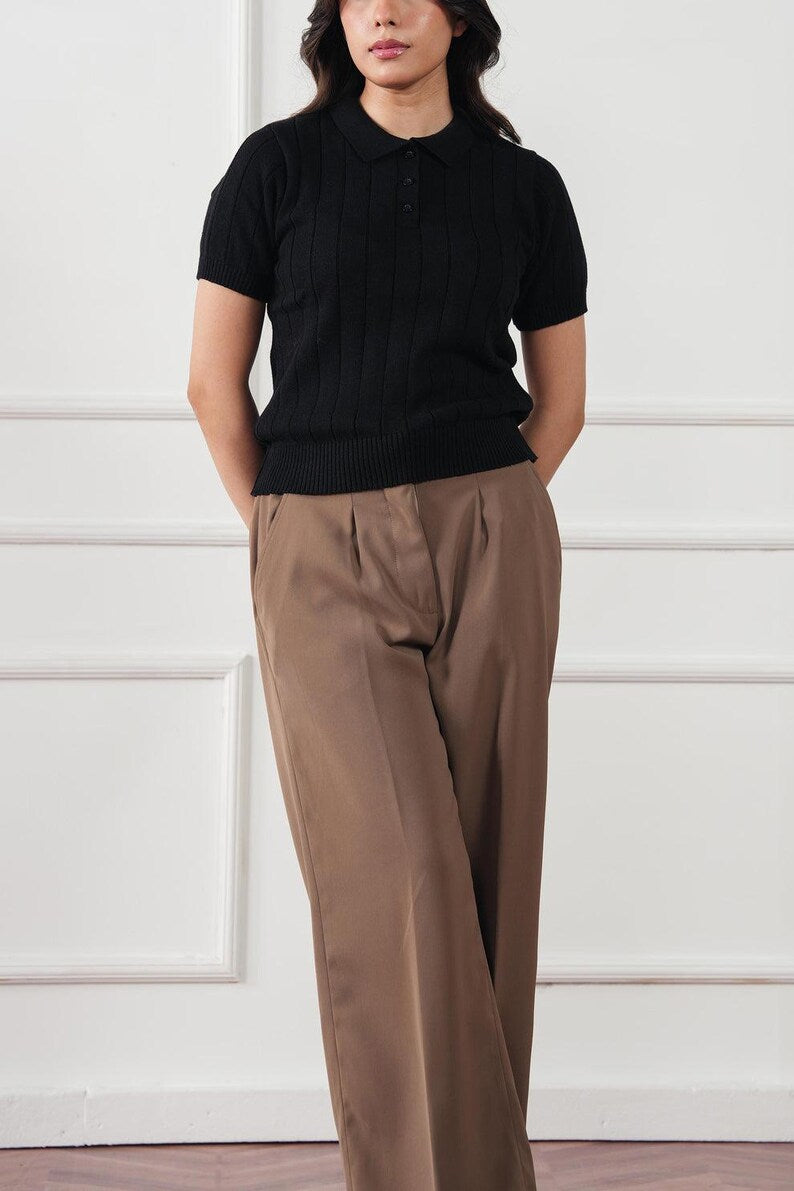 Women’s Ribbed Knit Polo Shirt - Short Sleeve Button-Down Knit Top & Casual Collared Tee