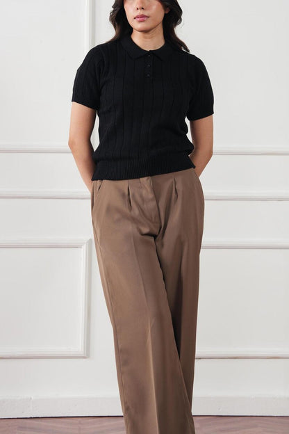 Women’s Ribbed Knit Polo Shirt - Short Sleeve Button-Down Knit Top & Casual Collared Tee