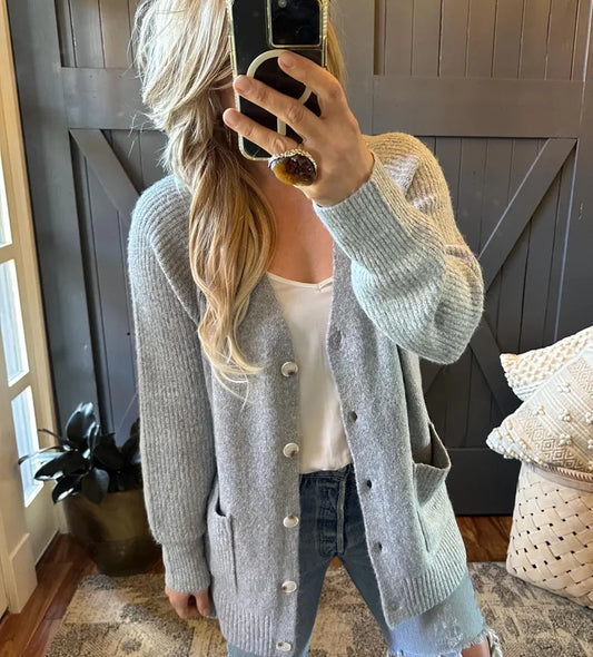 Classic Button Front Long Grey Cardigan - Super Soft Cotton Wool Knit Blend