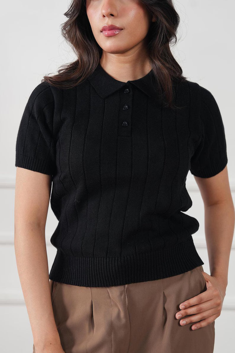 Women’s Ribbed Knit Polo Shirt - Short Sleeve Button-Down Knit Top & Casual Collared Tee