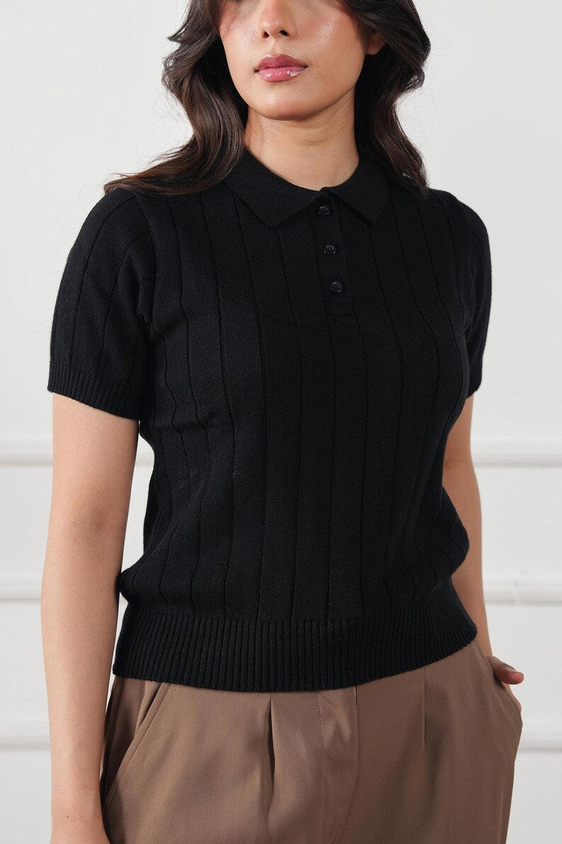 Women’s Ribbed Knit Polo Shirt - Short Sleeve Button-Down Knit Top & Casual Collared Tee