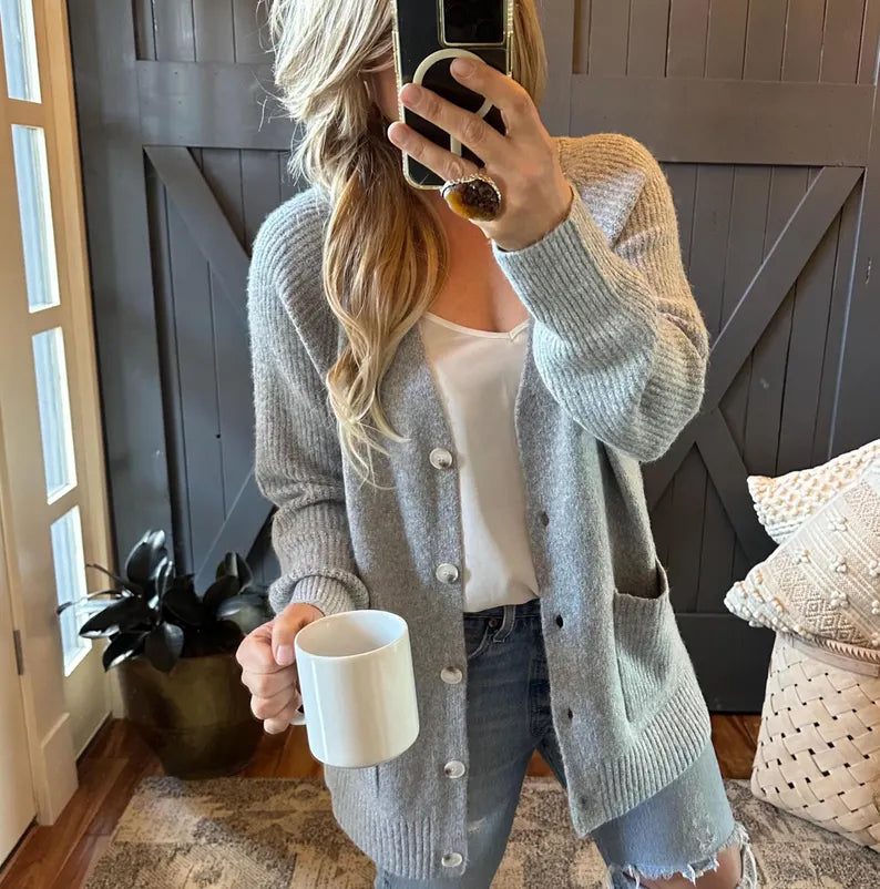 Classic Button Front Long Grey Cardigan - Super Soft Cotton Wool Knit Blend