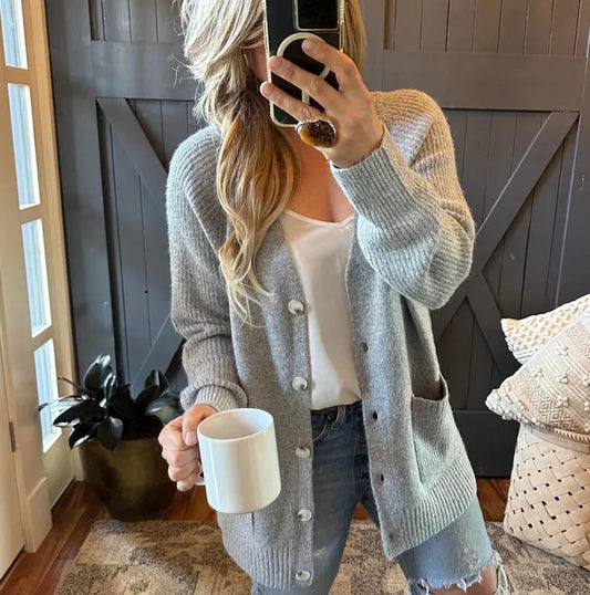 Classic Button Front Long Grey Cardigan - Super Soft Cotton Wool Knit Blend