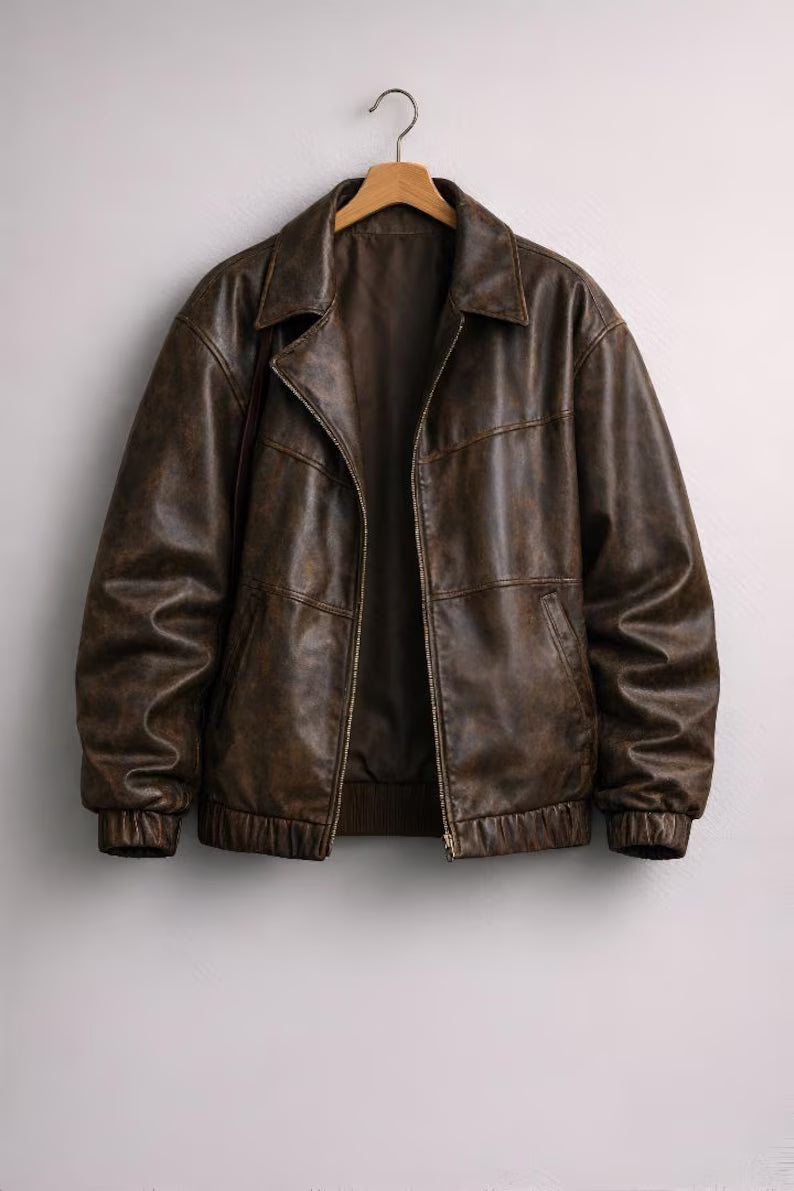 Vintage Oversized Brown Leather Bomber Jacket - Women’s Distressed Genuine Leather Coat