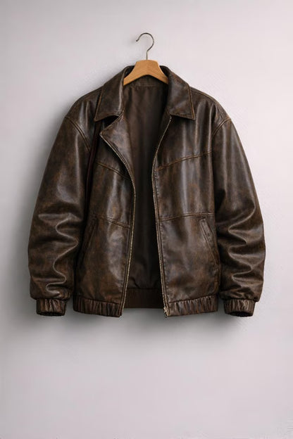 Vintage Oversized Brown Leather Bomber Jacket - Women’s Distressed Genuine Leather Coat
