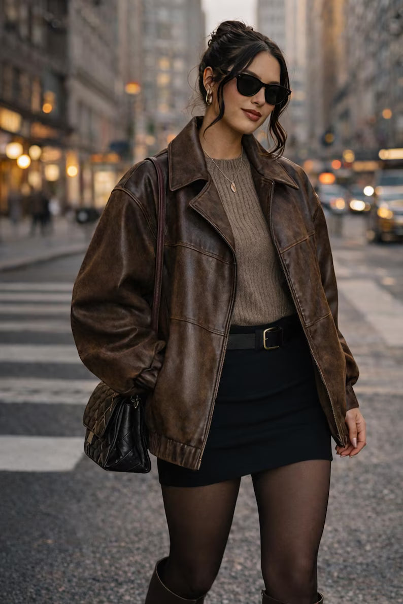 Vintage Oversized Brown Leather Bomber Jacket - Women’s Distressed Genuine Leather Coat