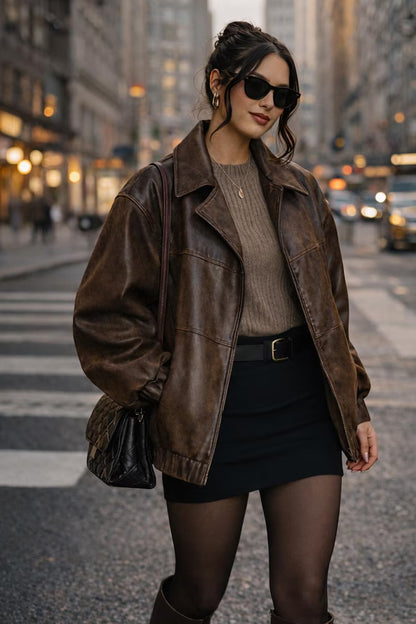 Vintage Oversized Brown Leather Bomber Jacket - Women’s Distressed Genuine Leather Coat