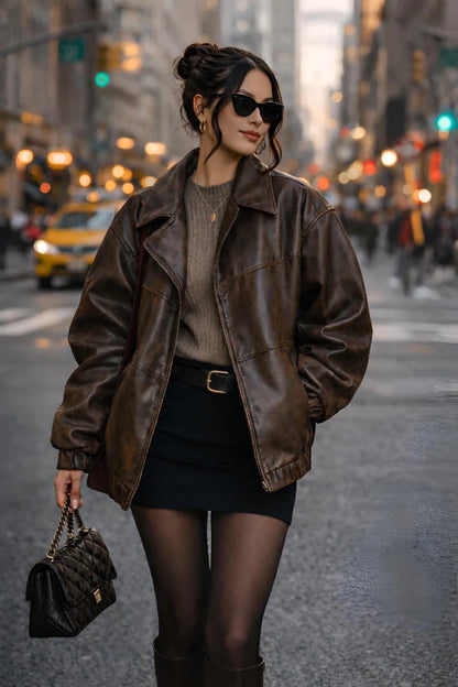 Vintage Oversized Brown Leather Bomber Jacket - Women’s Distressed Genuine Leather Coat